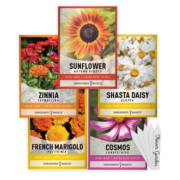 Gardeners Basics, Flower Garden Seeds for MVR1Planting Outdoors Flower Seeds (5 Variety Pack) Daisy, Marigold, Cosmos, Sunflower, Zinnia Varieties for Bees, Pollinators Wildflower Seed