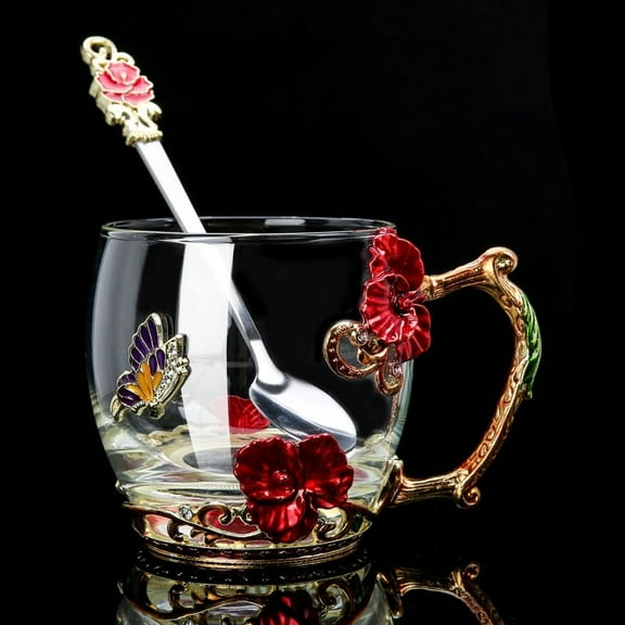 Gardenia Fields 12 Oz Red Glass Enamel Mugs with Handmade Butterfly Rose