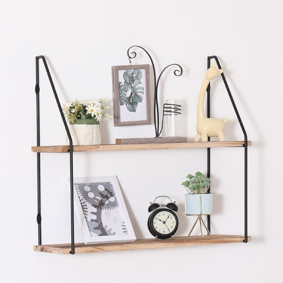 Gardenia Floating Shelf with Metal Brackets, Wall Mounted Rustic Wood Wall Storage, Decorative Hanging Display for Trophy, Photo Frames, Collectibles, and Much More (2-Tier Natural Wood)