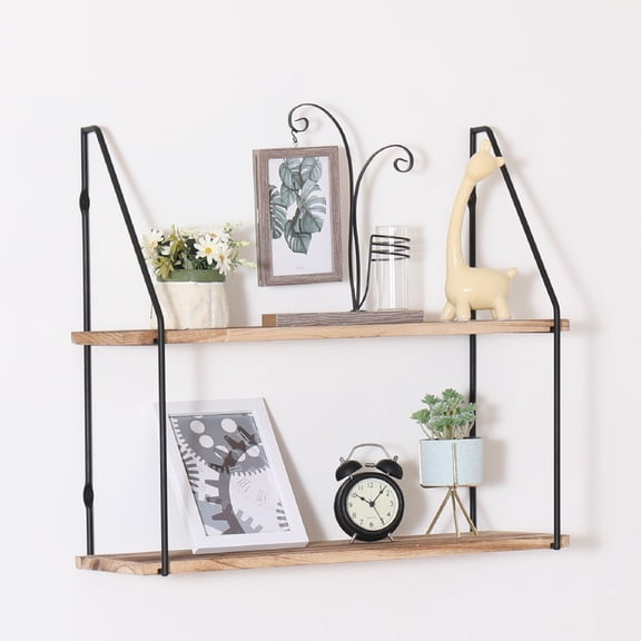 Gardenia Floating Shelf with Metal Brackets, Wall Mounted Rustic Wood Wall Storage, Decorative Hanging Display for Trophy, Photo Frames, Collectibles, and Much More (2-Tier Natural Wood) BN.6359