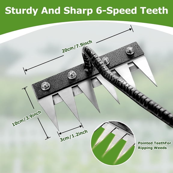 Gardenia Iron Weeding Rake, 2.0 Iron Weeding Rake with Long Handle, 6 Teeth Heavy Duty Puller Tools for Gardening, Weedings ,Lawn