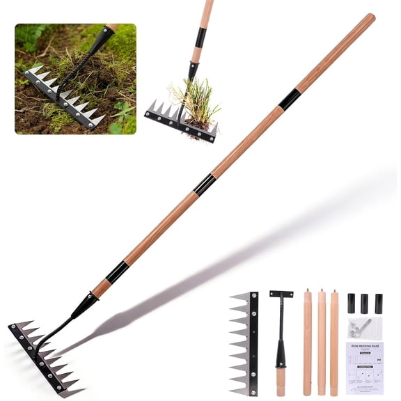 Gardenia Iron Weeding Rake with Handle 3.0, Heavy Duty Iron Rake for Gardening and Weeding, 2026 Upgraded 9-Tine Garden Weed Puller Tool, Garden Weed Rake Tool for Removing Weeds, Soil Aeration