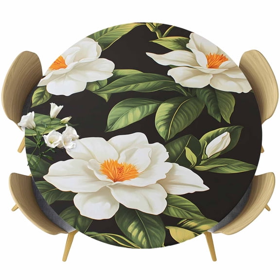 Gardenia Round Tablecloth 36-44 Inch Round Fitted Table Cloth with Elastic Edge, White Summer Flowers Green Leaves Vintage Waterproof Table Cover Protector for Outdoor Picnic Party Dining