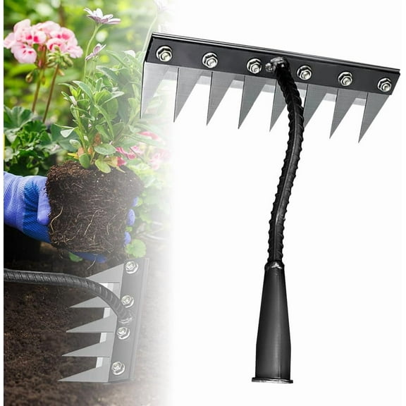 Gardenia-shaped iron weeding rake, available with 5/6/7/8 teeth, features a double-layered thickened and reinforced steel structure, suitable for garden lawns.