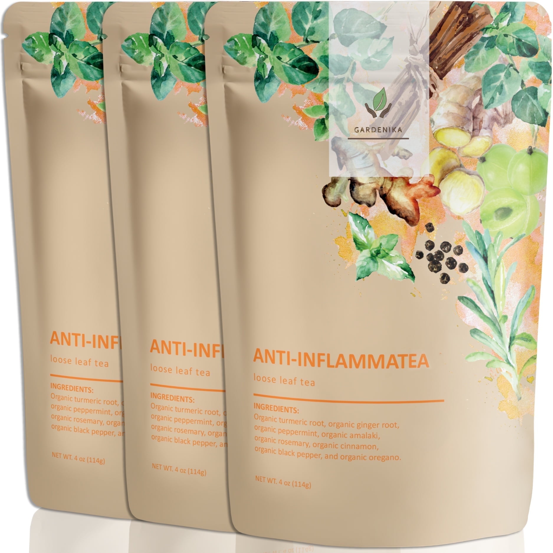 Gardenika Organic Anti-Inflammatea Herbal Loose Leaf Tea, Turmeric Ginger Blend, Caffeine-Free, Kosher, 3 Pack (12 oz)