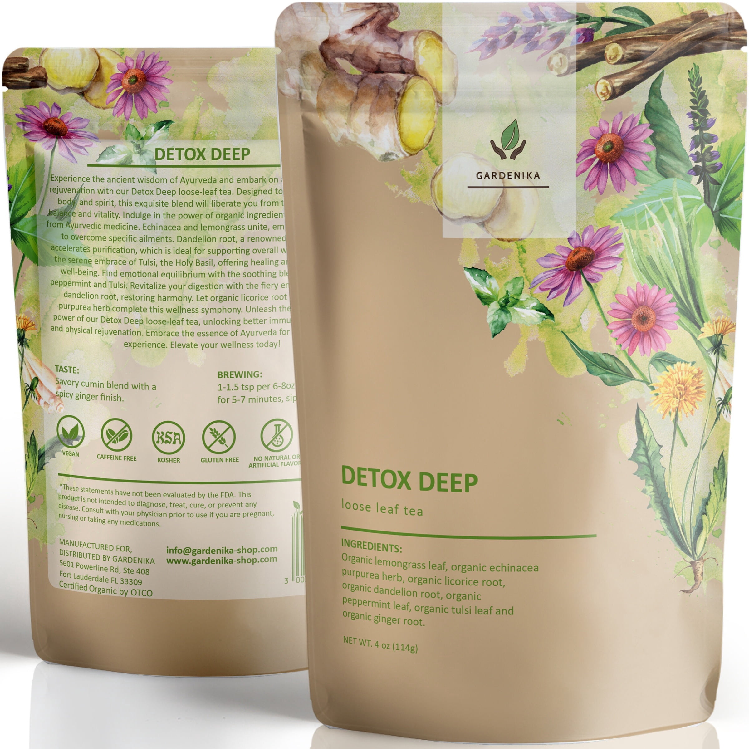Gardenika Organic Detox Herbal Tea Loose Leaf, Dadndelion Root, Lemongrass, Tulsi & Ginger Blend, Caffeine-Free, Kosher, 4 oz