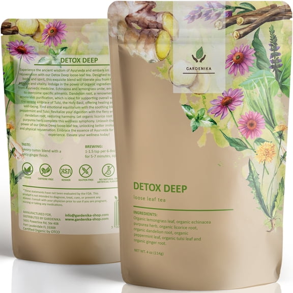 Gardenika Organic Detox Herbal Tea Loose Leaf, Dadndelion Root, Lemongrass, Tulsi & Ginger Blend, Caffeine-Free, Kosher, 4 oz