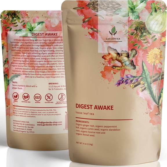 Gardenika Organic Digest Loose Leaf Herbal Tea, Ginger, Peppermint & Fennel Blend, Caffeine-Free, Kosher, 4 oz