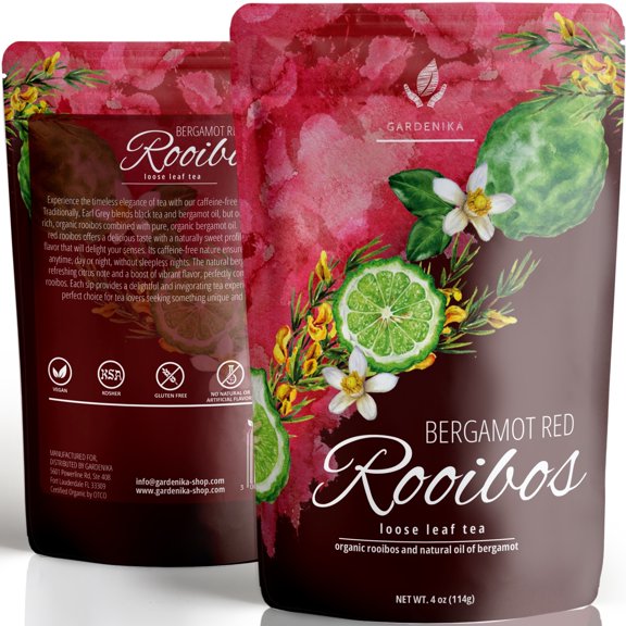 Gardenika Herbal Caffeine-Free Antioxidant Earl Grey Rooibos Red Loose Leaf Tea, Organic, Kosher, 4 oz