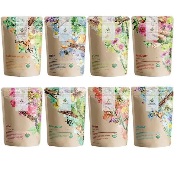 Gardenika Organic Loose Leaf Herbal Tea Sampler, 8 Wellness Blends – 1 lb Ayurvedic Variety Pack