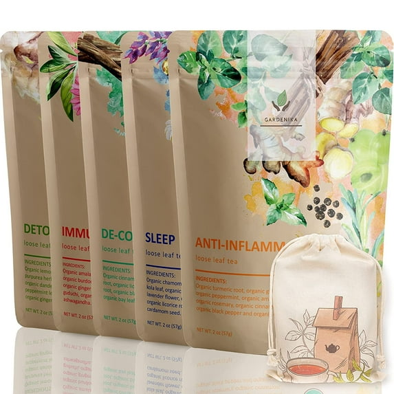 Gardenika Organic Herbal Tea Gift Assortment, 5 Loose Leaf Blends, Caffeine-Free, Ayurvedic Natural Variety Pack