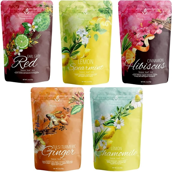 Gardenika Organic Loose Leaf Herbal Tea Variety Pack, 5-Blend Assortment, 10 oz Total, Caffeine-Free, Kosher