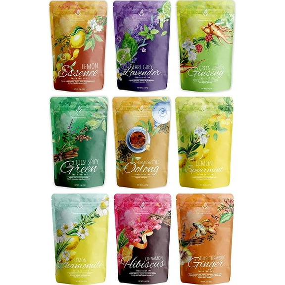 Gardenika Organic Loose Leaf Tea Variety Pack, 9 Assorted Blends – Black, Green & Herbal, Caffeinated & Caffeine-Free, Kosher