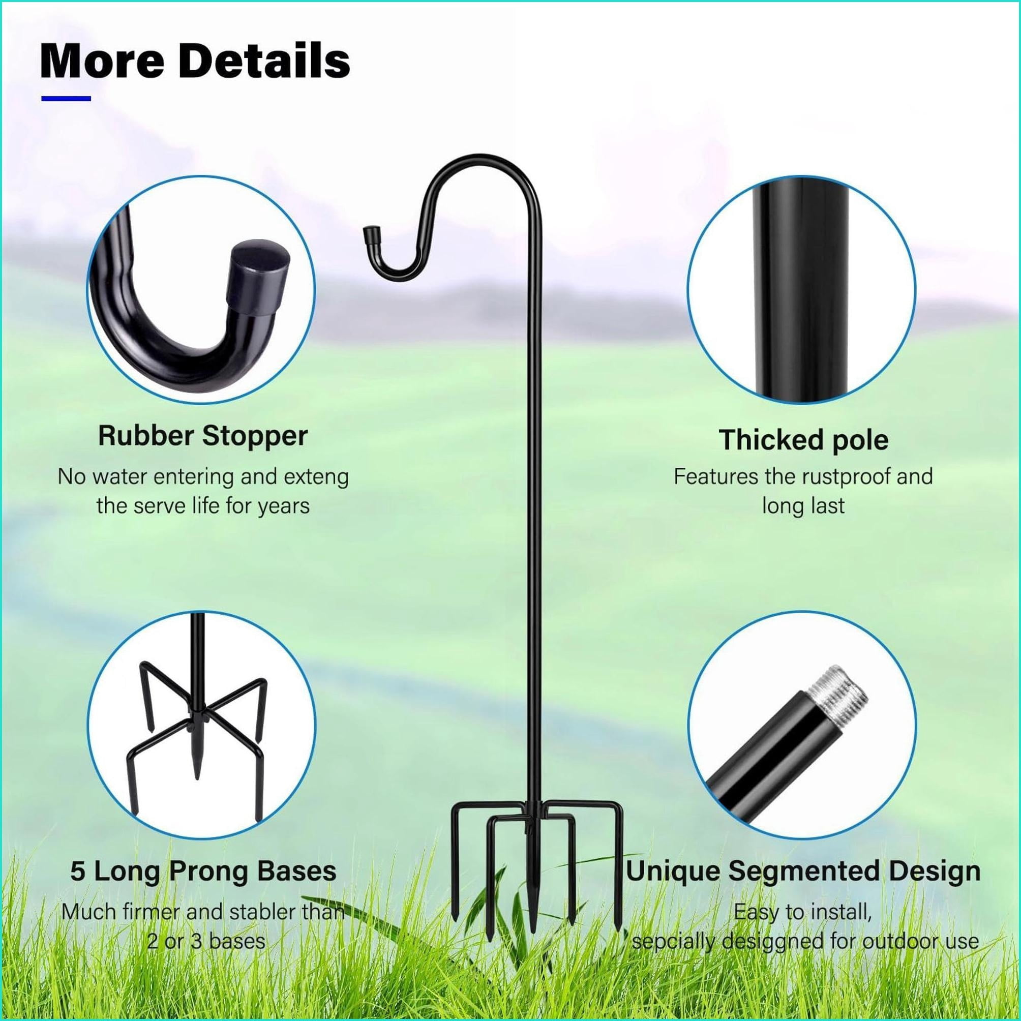Gardening Accessory | 46 Inch Black Steel 5 Prong Shepherd Hook For Outdoor Garden Bird Feeders | Black