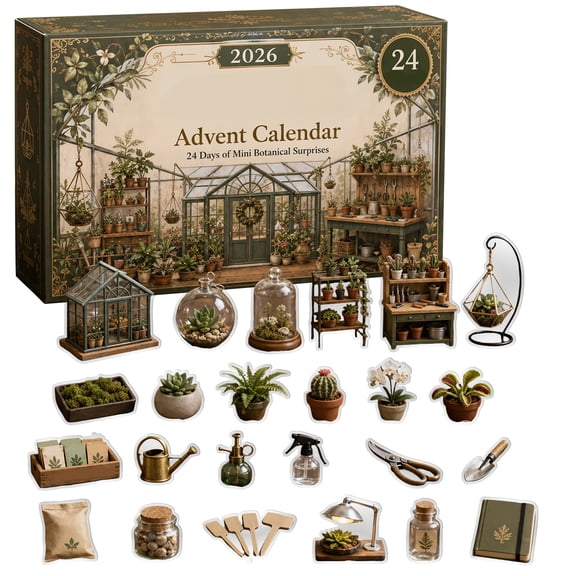 Gardening Christmas Advent Calendar, 24 Days Mini Plant Greenhouse Flat Acrylic Ornaments Blind Box for Wall & Fireplace Holiday Decor Gift for Family