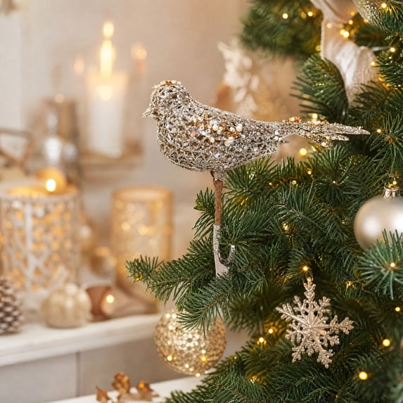 Gardening Christmas Bird Ornaments Clip Artificial Foam Birds for Christmas Tree Garland Decorations, Gold