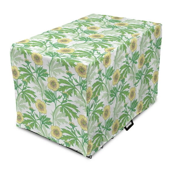 Gardening Dog Crate Cover, Buttercup Flowers Field Leaf Botany Flourish in the Yard Summer, Easy to Use Pet Kennel Cover Small Dogs Puppies Kittens, 7 Sizes, Green and Pastel Yellow, by Ambesonne