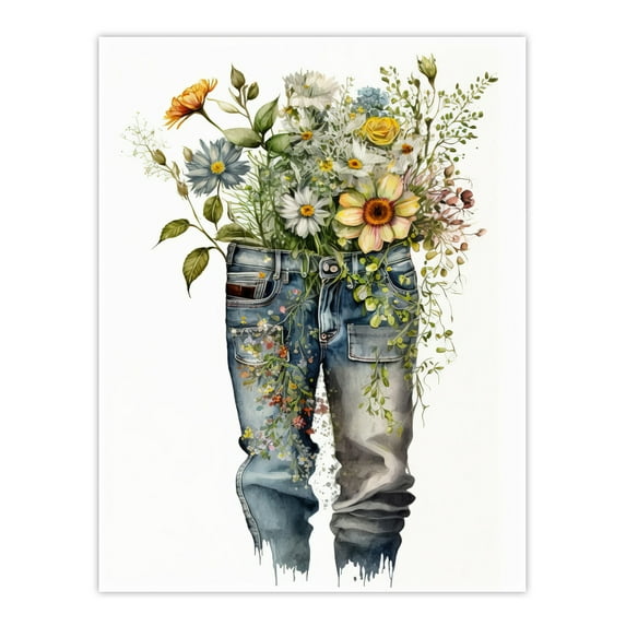 Gardening is in my Genes Bouquet Cutoff Jeans Vase Watercolour Painting Orange Pink Spring Flower Blooms Large Wall Art Poster Print Thick Paper 18X24 Inch