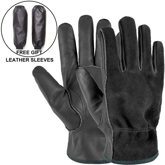 Gardening Gloves with Waterproof Sleeves, Cowhide Leather Work Gloves for Men Women, Black XL