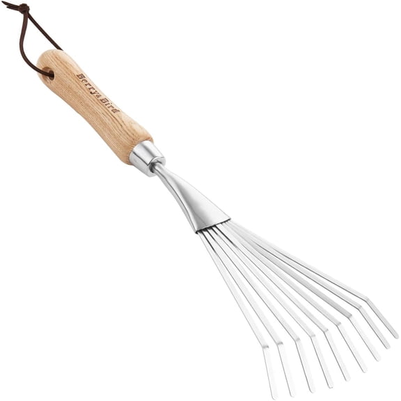 Gardening Hand Shrub Rake, 14.7" Stainless Steel Grass Rake, 9 Tines Fan Lawn Leaf with Ergonomic Wooden Handle, Small Hand Rake for Sweep Leaves & Loose Debris in Garden, Lawns and Yards
