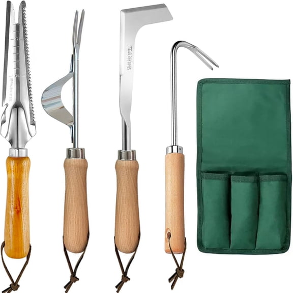 Gardening Manual Weeder Tool Set, 4 Pcs Stainless Steel Crack Weeder Crevice Weeding, Lawn Uprooting Weeding Tool,Weed Digger,Weed Pulling Tool for Deep Roots - Extra Garden Kneeler Bag