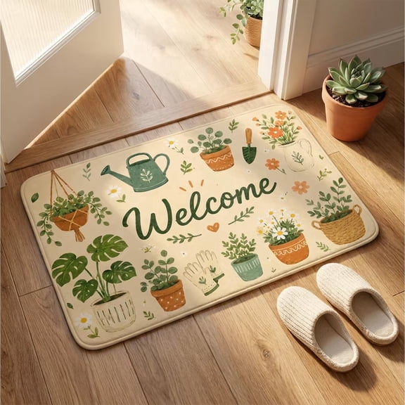 Farmhouse Gardening Welcome Doormat 16×24 Inch, Vintage Potted Plant Watering Can Entry Rug, Non Slip Washable Indoor Front Door Mat Gift For Plant Lovers Gardeners