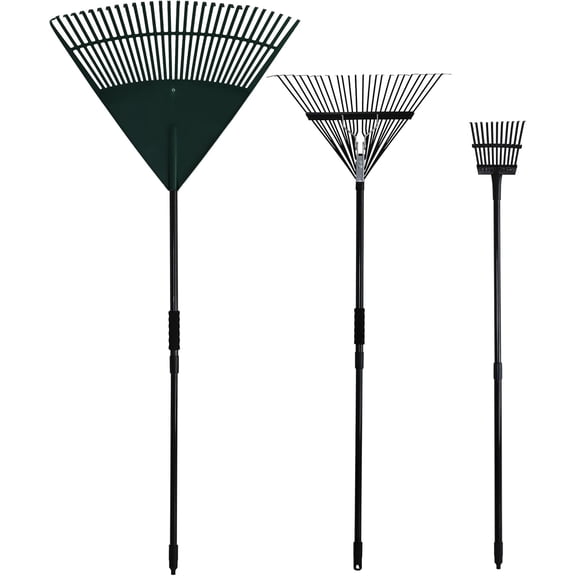 Gardening Rake Set 3-Piece - Poly Lawn Rake(30T ),Steel Garden Rake(24T ),11 Tine Shrub Tools -Telescopic Steel Handle for Adult or Kids