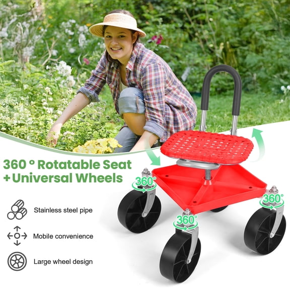 Gardening Rolling Seat with Tool Tray, Height Adjustable 360 Degree Swivel Garden Cart Stool, Heavy Duty Mobile Work Seat for Gardeners, Seniors & Elderly, 150kg Capacity