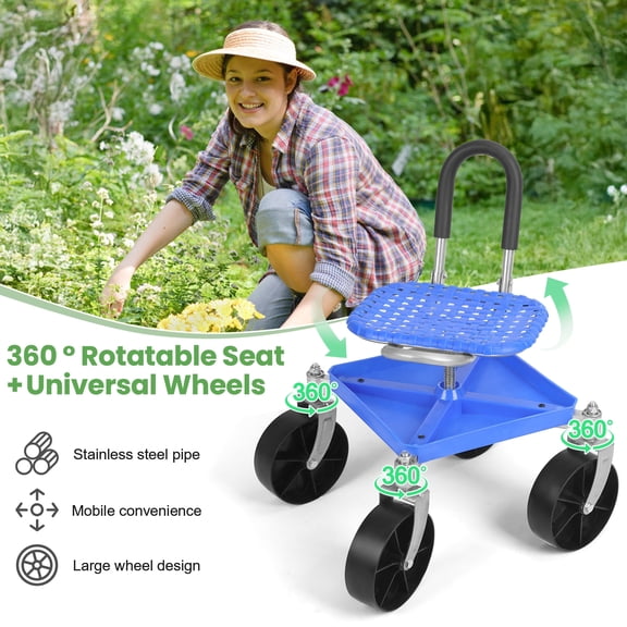 Gardening Rolling Seat with Tool Tray, Height Adjustable 360 Degree Swivel Garden Cart Stool, Heavy Duty Mobile Work Seat for Gardeners, Seniors & Elderly, 150kg Capacity