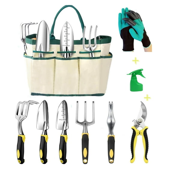 FPCYCG 9 Piece Garden Tools Set with Bag & Gloves,Heavy Duty Gardening Hand Tools Kit,Garden Gifts Supplies for Women Mom