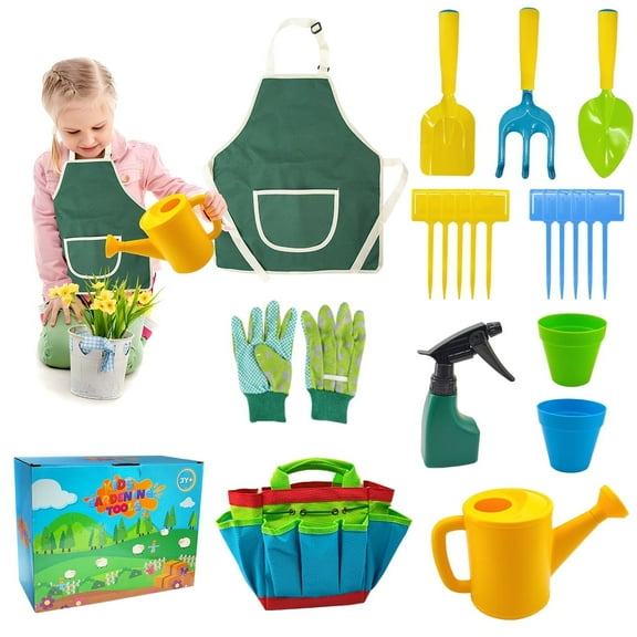 Gardening Tool Set Include Tote Bag, Trowel, Rake, Gloves, Pots, Spray Bottle, Watering Can and Apron for Outdoor Toys Gift