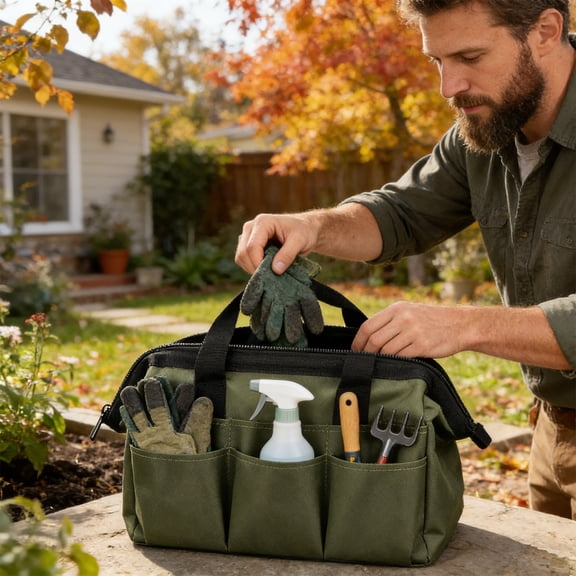 Gardening Tool Storage Bag Large Foldable Tote Multi-Functional Organizer for Handheld Tools Heavy-Duty Cloth, Moisture-Proof, Multi-Pockets, Handle, 13"x6.5"x9.1", Home & Outdoor