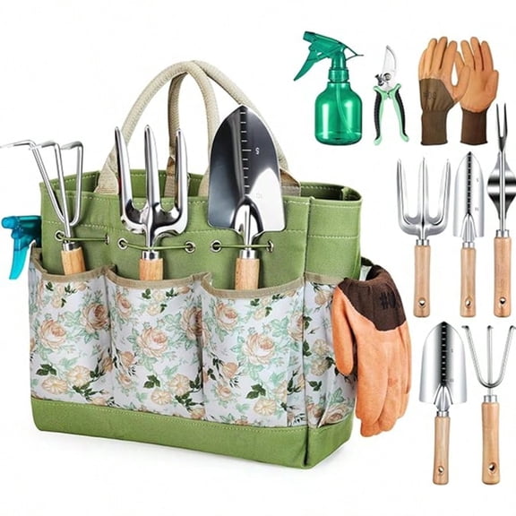 Gardening Tools 9pcs - Heavy Duty, Rust-Proof, Durable Garden Tool Set with Organizer Handbag, Ideal Gift for Women