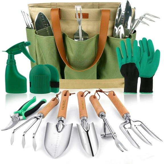 Gardening Tools Set of 10 Heavy Duty Gardening Hand Tools Stainless Steel Garden Tools with Wooden Handle, Storage Garden Bag, Gardening Gifts for Women and Men