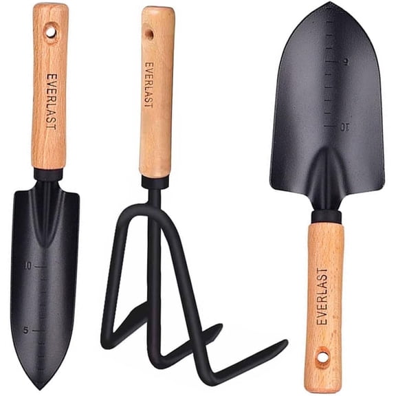 SUOWANG 3 Piece Garden Tools Gift Minimalism Gardening Tool Set with Wood Handle, Succulent Plant Transplant Trowel, 3 Pieces Include 1 Narrow Trowel,1 Wide Trowel and 1 Garden Rake