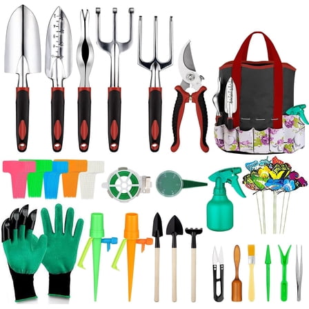 Gardening Tools Set 83 Pieces, Succulent Garden Tools Set Included, Aluminum Garden Tools for Gardening,Non-Slip Ergonomic Handle Tools,Storage Tote Bag,Gifts Hand Tools Set for Women(Red)