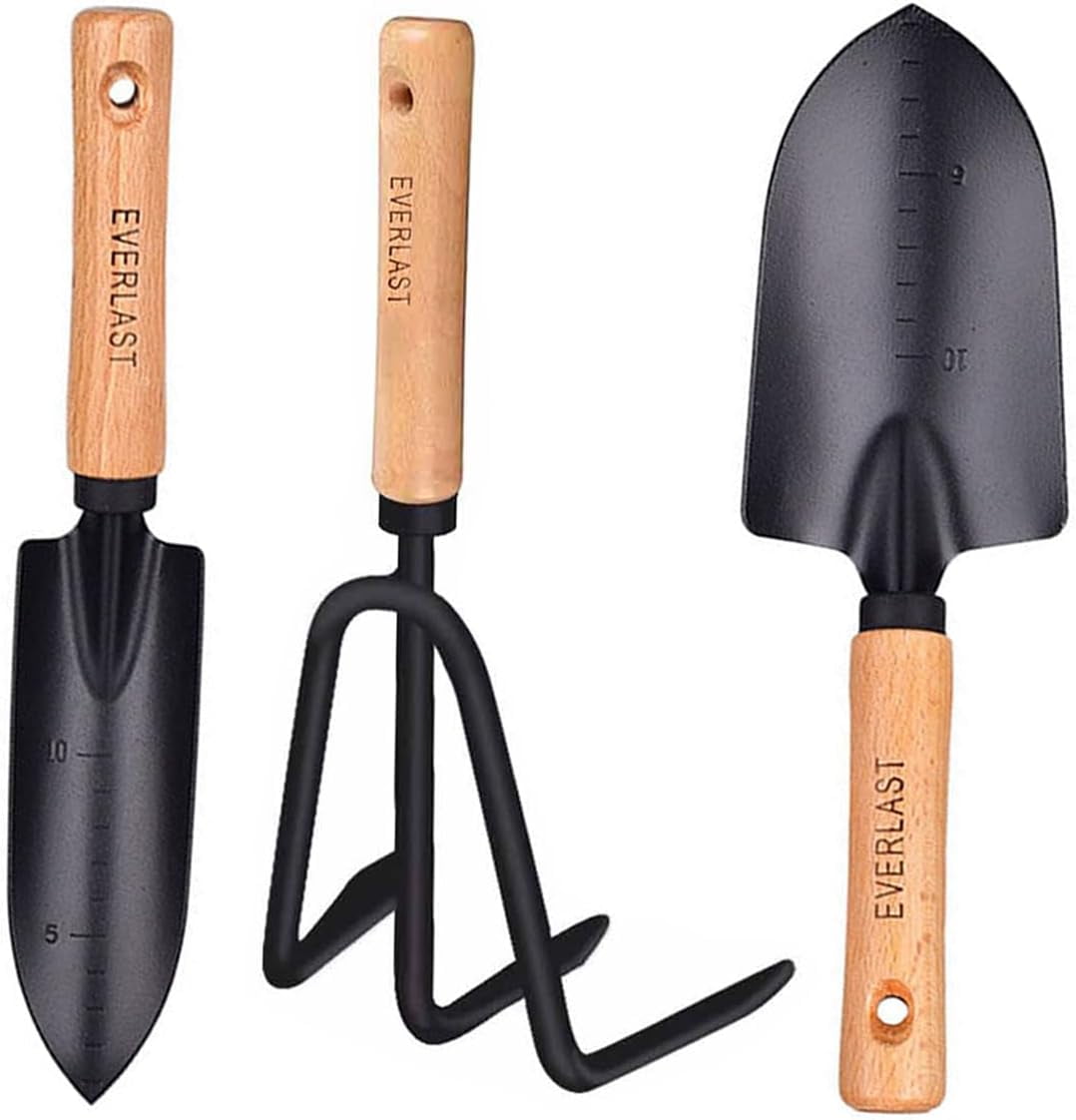 SUOWANG 3 Piece Garden Tools Gift Minimalism Gardening Tool Set with Wood Handle, Succulent Plant Transplant Trowel, 3 Pieces Include 1 Narrow Trowel,1 Wide Trowel and 1 Garden Rake