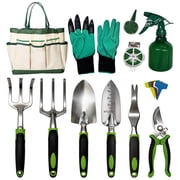 Gardening Tools Set, Stainless Steel Garden Hand Tool Kit with Storage Tote Bag, Complete Planting Gardening Supplies for Weeding, Digging, Transplanting & Pruning