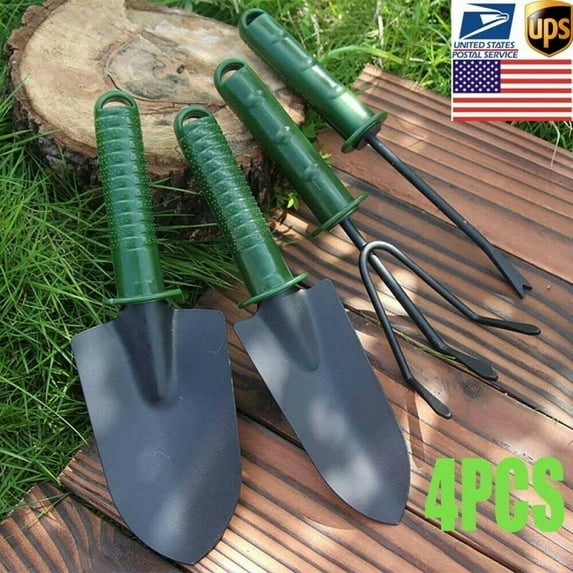 Gardening Tools Set Trowel Rake Shovel Heavy Duty Metal Outdoor Ergonomic ( 4pcs )