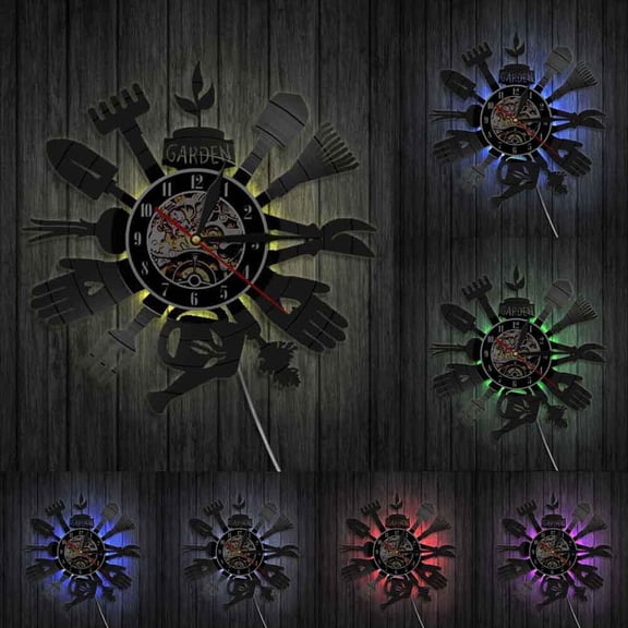 Gardening Tools Wall Clock Kitchen Wall Decor Cultivator Vinyl Record Wall Clock Watch Greenhouse Housewarming Gardener With LED