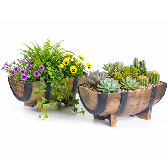 Gardenised 2-Piece Rectangular Half Barrel Flower Pots Rustic Farmhouse Style Faux Wood Planter Containers for Indoor & Outdoor Use Perfect for Displaying Decorative Garden Florals Herbs & Succulents