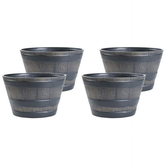 Gardenised 4-Piece Round Half Barrel Flower Pots Rustic Farmhouse Style Faux Wood Planter Containers for Indoor & Outdoor Use Perfect for Displaying Decorative Garden Florals Herbs & Succulents