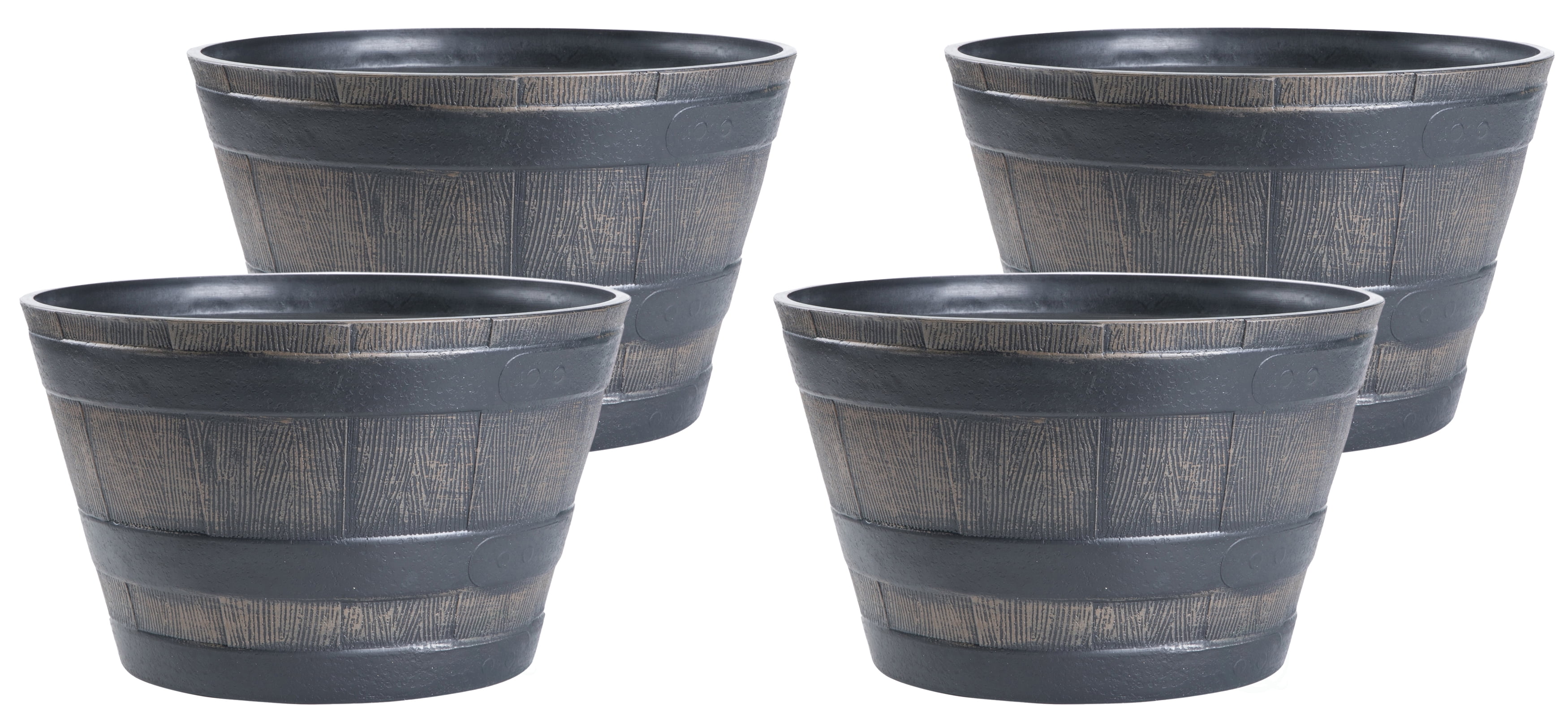 Gardenised Rustic Wood- Look Plastic Half Barrel Flower Pot Bucket Planter, Pack of 4