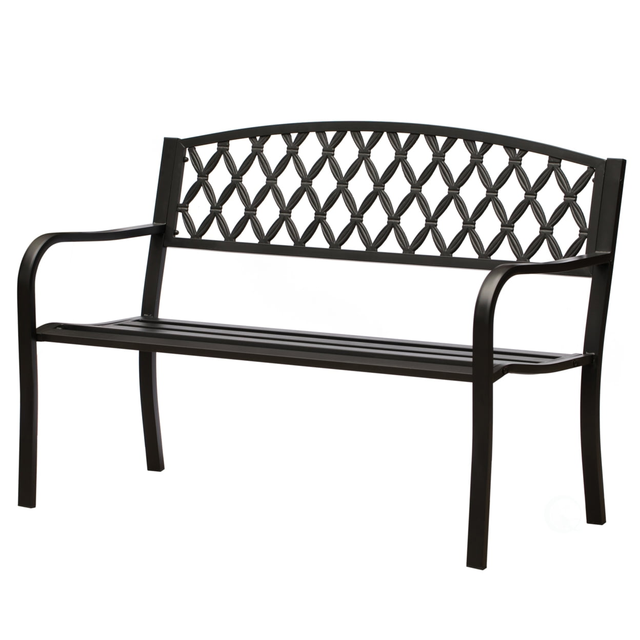 Black Steel Outdoor Garden Bench with Cast Iron Backrest