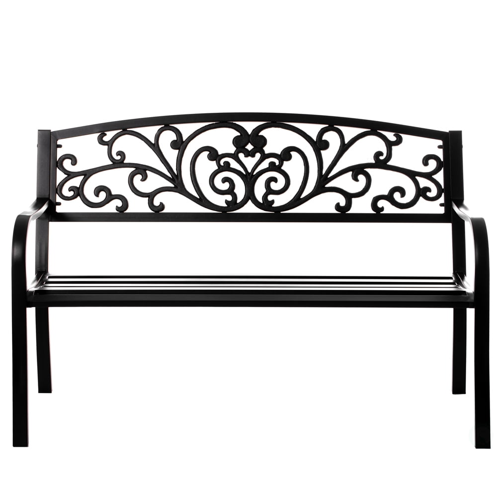 Black Powder Coated Steel Outdoor Bench with Cast Iron Backrest