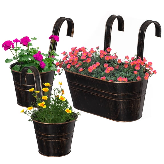 Gardenised Set of 3 Metal Hanging Railing Planters with Detachable Hooks Decorative Outdoor Set for Balcony Patio Deck or Fence Ideal for Displaying Flowers Succulents Herbs and Cascading Plants
