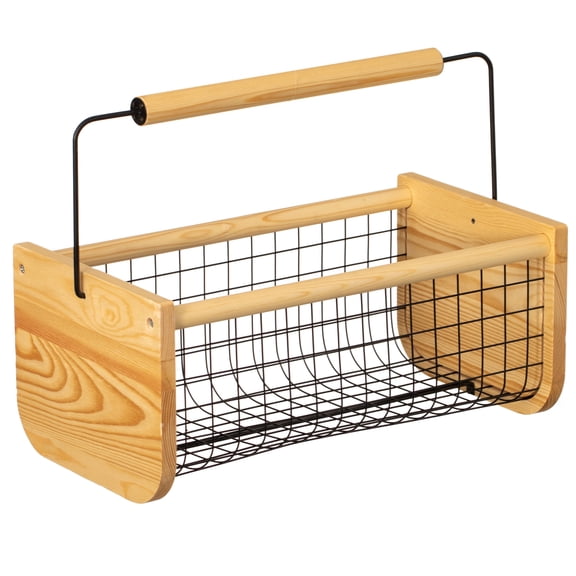 Gardenised Vintage Harvest Basket Pine Wood & Metal Mesh Wire Design Wooden Frame with Straight Handle for Fruits Vegetables Kitchen Organization Decorative Storage Home Décor & Garden Display
