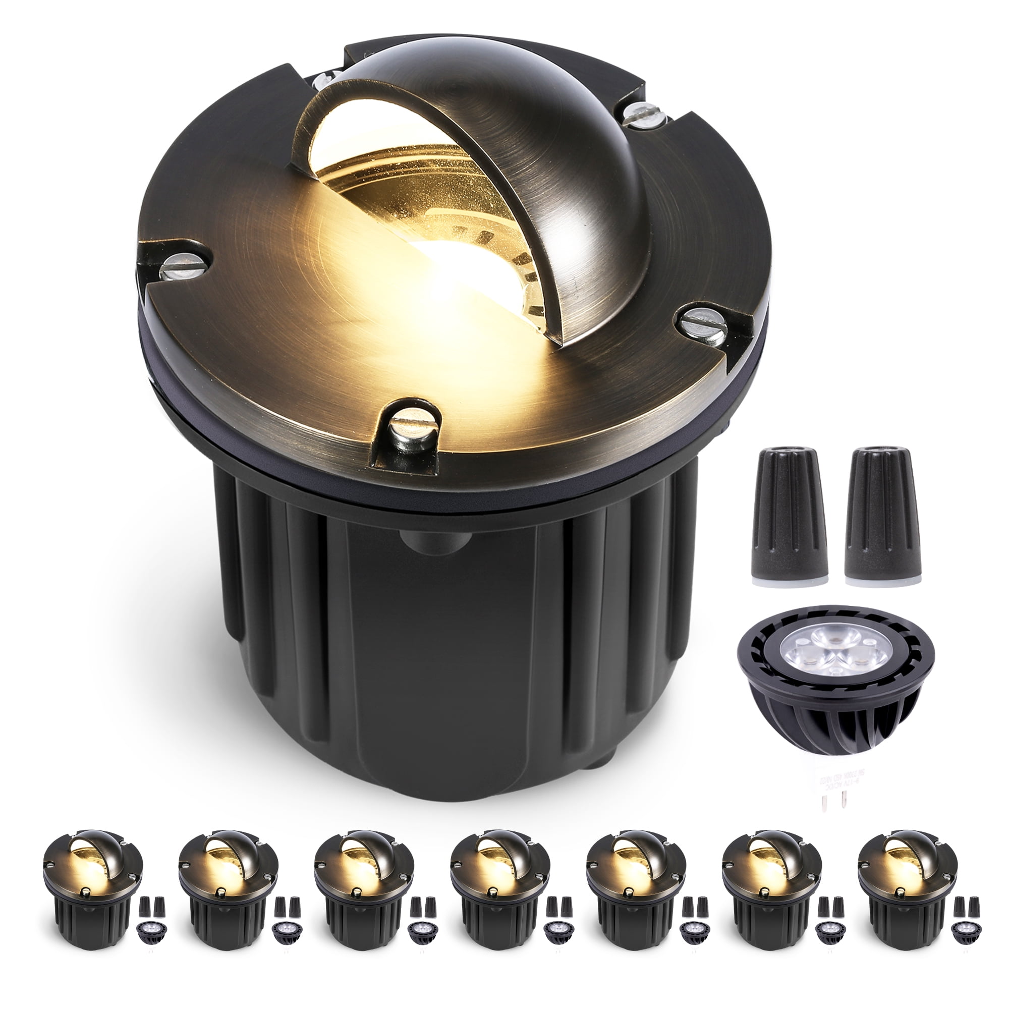 Gardenreet Brass Led Well Lights Low Voltage Outdoor, 12V Low Voltage Landscape Yard Lights with 5W MR16 LED Bulb 2700K Warm White(Beacon Top) 8 Pack