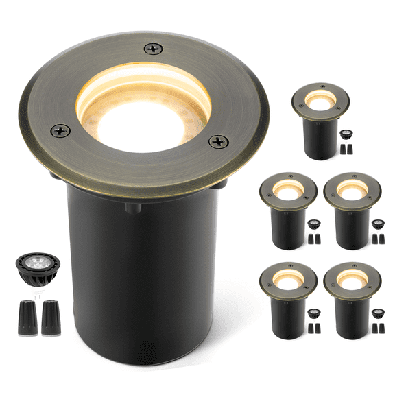 Gardenreet Brass Low Voltage Landscape In Ground Lights, Waterproof 12V LED Outdoor Landscape Lighting Deck Lights with 5W MR16 LED Bulb 2700K Warm White(Small) 6 Pack
