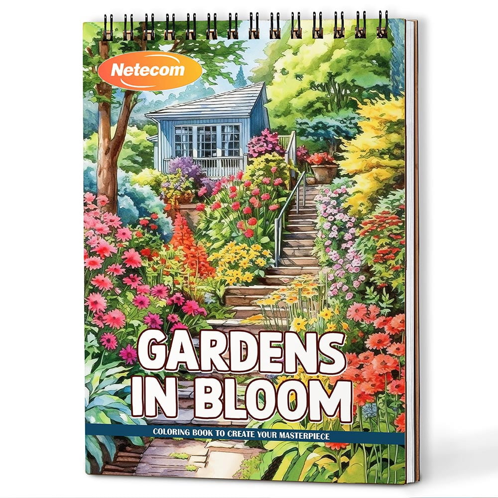 Gardens in Bloom Coloring Book Spiral Bound For Adults, A5 Wooden Cover, 30 Serene Coloring Pages of Blooming Flowers and Tranquil Landscapes for Stress Relief and Relaxation